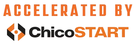Logo with text ‘Accelerated by ChicoSTART’ in orange and black
