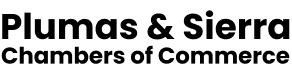 Text logo for Plumas and Sierra Chambers of Commerce: Quincy, Indian Valley, Lost Sierra, Lake Almanor, Westwood, Sierra County.